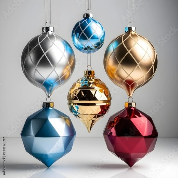 Fototapeta Collection set of five silver, blue, golden and red Chritmas balls hanging with a string, Christmas shiny baubles isolated on transparent background, png file
