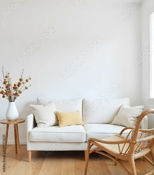 Fototapeta A cozy living room with a white sofa, a wicker chair, and a vase of dried flowers on a side table. The room has white walls and hardwood floors, creating a minimalist and serene atmosphere