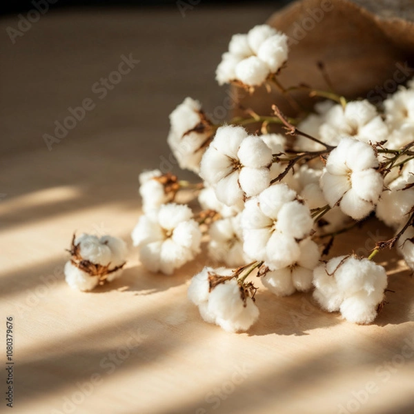Fototapeta Concept photo of a cotton branches on wooden table with space for text