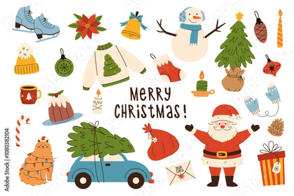 Obraz Merry Christmas vector illustration set. Elements for Christmas card designs, posters and banners. Winter stickers.