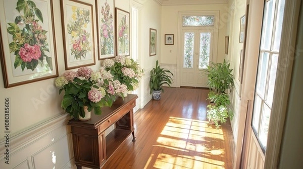 Fototapeta Sunlit Hallway with Framed Botanical Prints on Walls