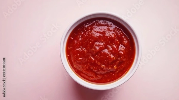 Fototapeta A bowl of red sauce on a pink background, ready for culinary use.
