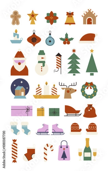 Fototapeta Christmas icons in a modern geometric style set. Colorful festive illustrations including santa claus, Christmas tree, snowman, gingerbread.
