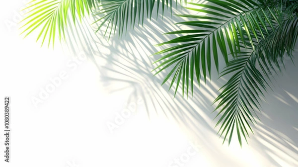 Fototapeta Lush Green Palm Fronds Cast Shadows on White Background, Creating a Tropical Summer Aesthetic