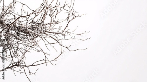 Fototapeta Close-up of delicate snow-dusted branches against a white winter sky, evoking the serene beauty and stillness of nature's frosty embrace.