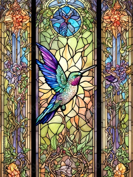 Obraz A vibrant hummingbird in intricate stained glass, surrounded by colorful floral and geometric patterns.