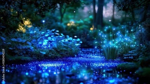 Fototapeta Soft lights from bioluminescent plants illuminate a serene forest pond