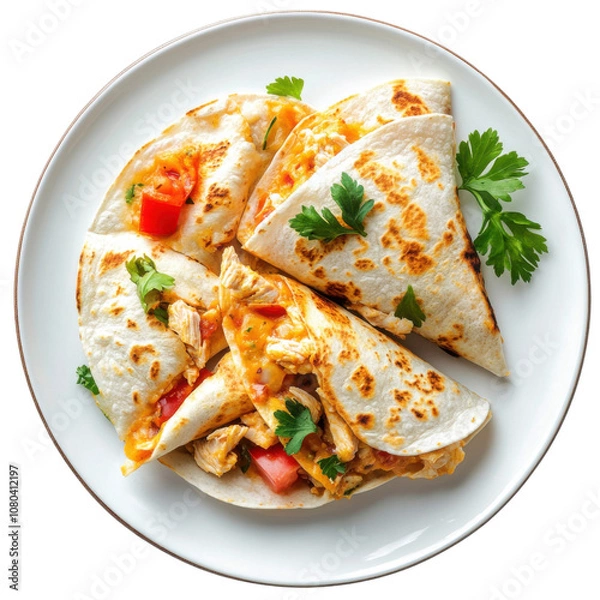 Fototapeta Cheesy Chicken Quesadilla with Grilled Tortilla and Parsley Garnish on White Plate PNG Icon on transparent background