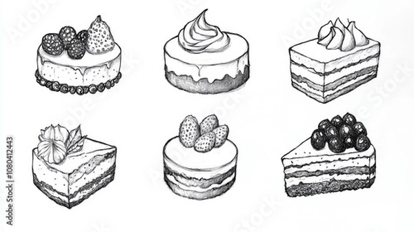 Fototapeta A collection of six detailed black and white cake illustrations showcasing different styles and toppings.