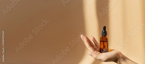 Obraz Bottle of serum in women's hands. Glass bottle with dropper cap on a beige banner with a copy space. Unmarked Amber container in sunlight