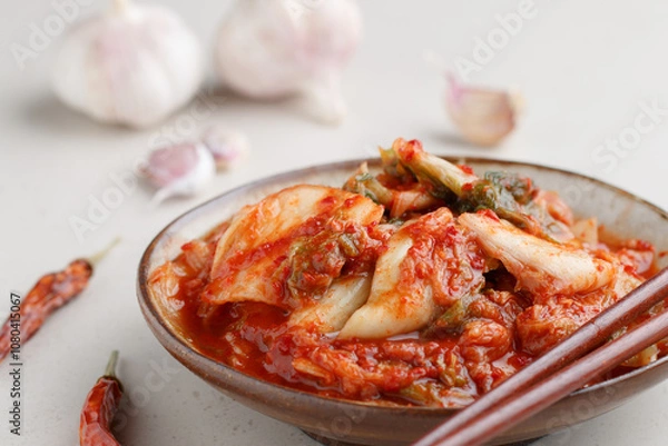 Fototapeta Kimchi is a dish of Korean cuisine made of cabbage and pickled (fermented) vegetables with red hot pepper and garlic. Close-up, selective focus
