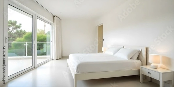 Fototapeta A modern, minimalist bedroom with white walls , a large bed , and sliding glass doors leading to a balcony . The room has a clean, uncluttered aesthetic with neutral colors and simple furnishings 