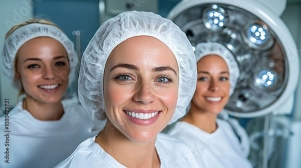 Fototapeta Three Healthcare Professionals Smile Confidently in a Surgical Environment, Showcasing Teamwork in a Modern Hospital Setting During Daytime