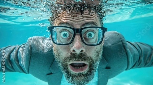 Fototapeta A Man in a Suit With Glasses Submerged in Water, Expressing Surprise While Swimming in a Blue Pool During Daylight Hours