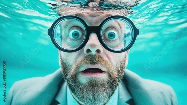 Fototapeta A Surprised Man in a Suit With Glasses Submerged in Water, Showcasing a Humorous Underwater Moment During a Warm Summer Day