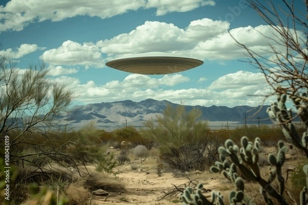 Fototapeta Desert and flying saucers in the sky at sunset in the clouds