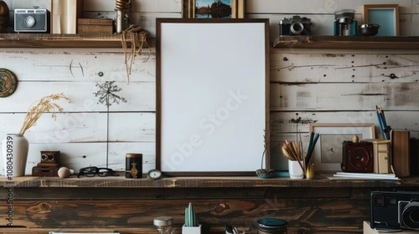 Fototapeta Creative workspace arrangement home office photography rustic setting close-up perspective blank poster concept