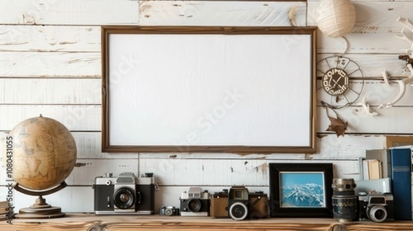 Fototapeta Creative workspace setup home office photography display rustic environment close-up view blank poster concept
