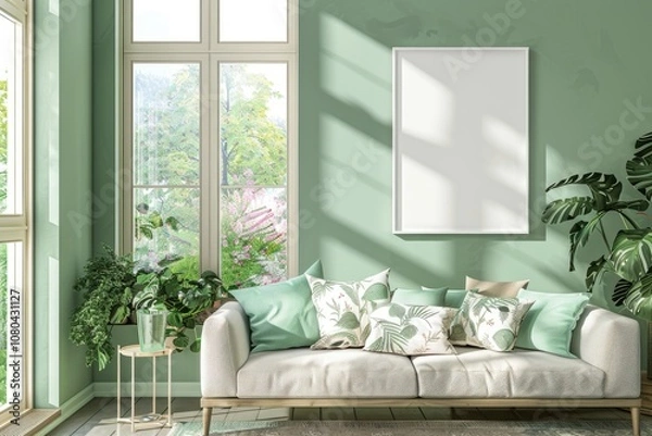 Fototapeta Cozy living room with large window bright natural light home interior relaxing atmosphere peaceful setting comfort concept