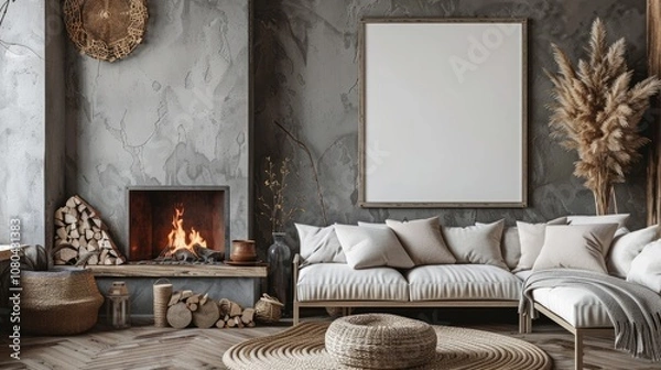 Fototapeta Cozy scandinavian farmhouse living room indoor setting modern design warm atmosphere inviting view comfort concept