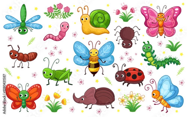 Fototapeta Set of vector insects on a white background. Collection of insects in a cartoon style.