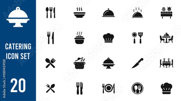 Fototapeta Catering icon set, Fork, spoon, knife, plate, chef hat, and cloche or tray icon,  Restaurant sign and symbol. Vector illustration.
