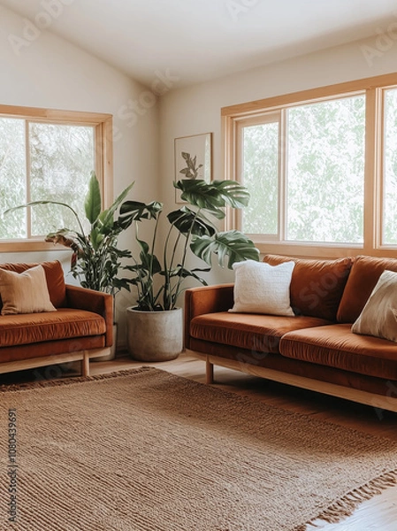 Fototapeta Beige and brown toned living room with a large sofa, windows, plants and carpet