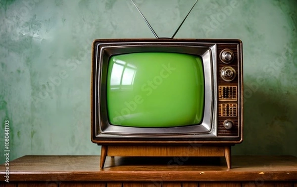 Obraz Vintage Television Set with Green Screen on Wooden Table