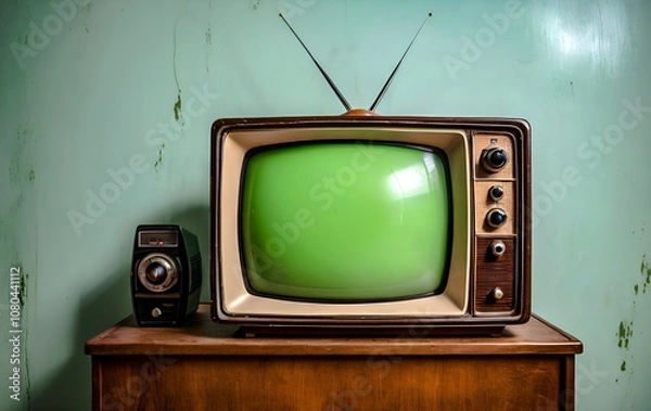 Obraz Retro TV with Green Screen on Wooden Cabinet