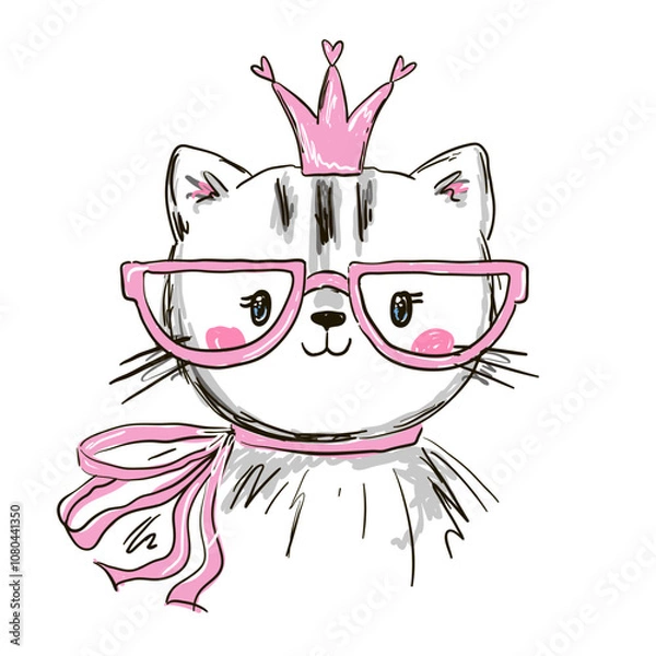 Fototapeta Hand drawn cute cat with crown in glasses. Vector illustration in cartoon style.