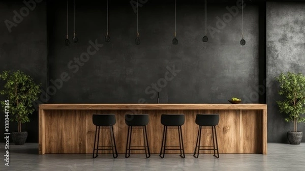 Fototapeta Sleek, minimalistic kitchen design featuring a long wooden counter, elegant black wall behind, suggesting a blend of practicality and style for modern living.