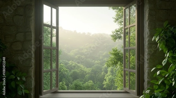 Fototapeta A narrow window in an old stone house, looking out to a misty, quiet forest, soft indoor lighting enhancing the mystery of the scene, Photorealistic