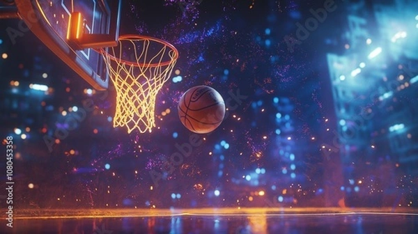 Obraz basketball bouncing mid-air near a hoop, with a vibrant court background
