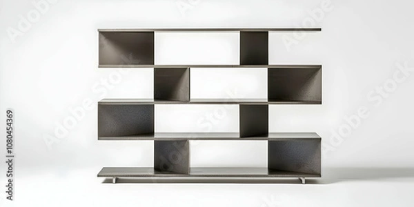 Fototapeta Frontal view of minimalist metal bookshelf, clean and modern on white backdrop.