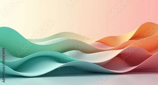 Fototapeta Soft Waves in Scarlet, Mint Green, Denim, and Tangerine, undulating softly across a light gradient background, rendered in Octane for a vibrant, dreamlike atmosphere.