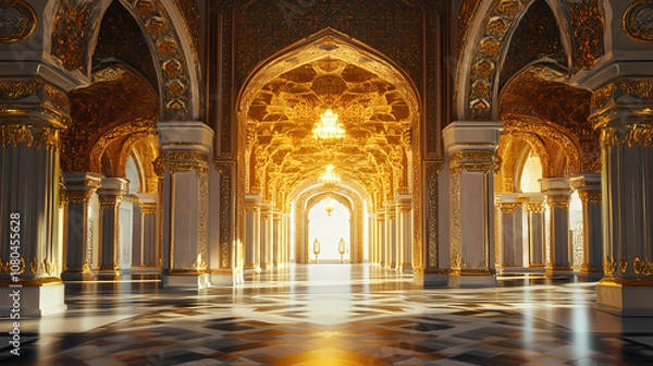 Fototapeta 3d rendering of a opulent moorish style palace interior with golden walls and intricate patterns. moorish palace. illustration. Opulent. Illustration