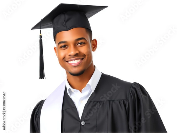 Obraz Young black man wearing a graduation cap and gown smiles proudly for his graduation portrait against a plain background