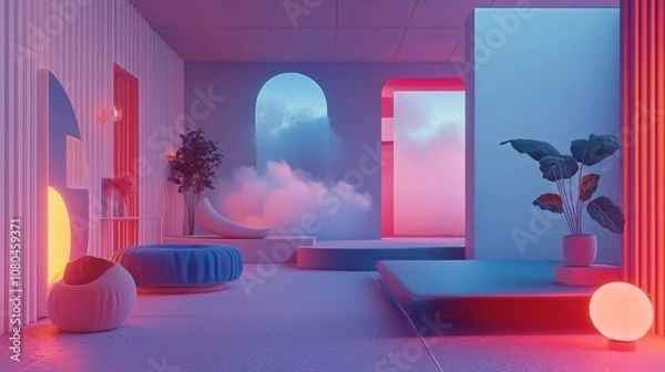 Fototapeta A room with a blue couch and a potted plant. The room is decorated in a futuristic style with a pink and blue color scheme