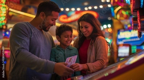 Obraz family holding theme park tickets at a vibrant entrance gate
