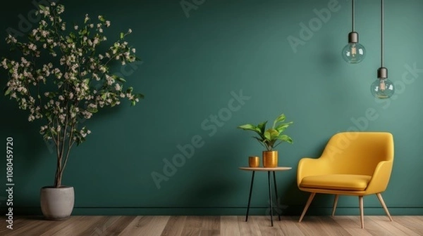 Fototapeta A cozy yellow armchair and small table with plant sit against a lush green wall, illuminated by two hanging lights, creating a serene, modern interior scene.
