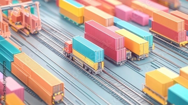 Fototapeta Cargo transport in import-export logistics flat design top view navigation theme 3D render colored pastel