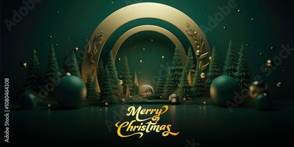 Fototapeta Merry Christmas Banner with Various Xmas Trees and 3D Balls Decorated on Green Background.