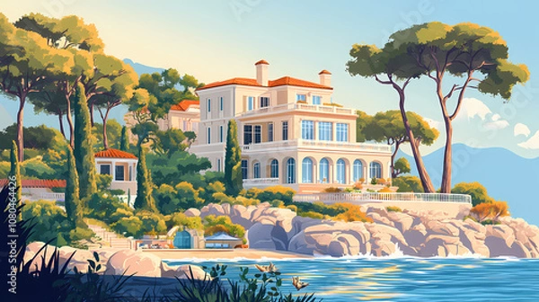 Fototapeta Ai generated illustration of a luxurious mansion by the sea with trees. Opulent. Illustration