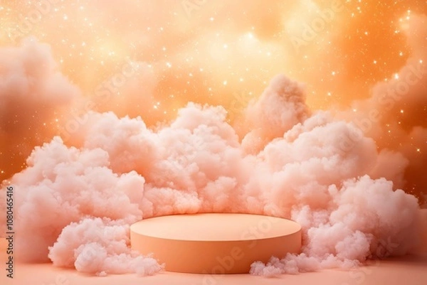 Fototapeta An Apricot Crush podium with soft clouds in warm orange and gold, set in a pastel galaxy of pinks and yellows, apricot podium, stars
