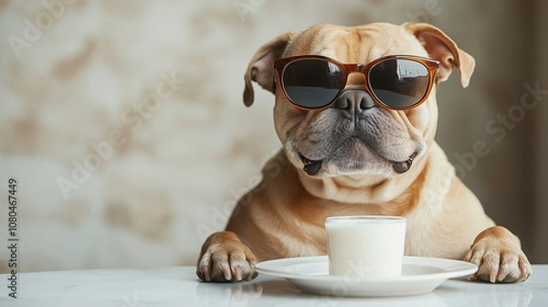 Fototapeta A portrait of a dog breed wearing sunglasses and eating milk from a plate, sitting upright with paws on the table, looking straight at the camera, minimalist, White background, high resolution