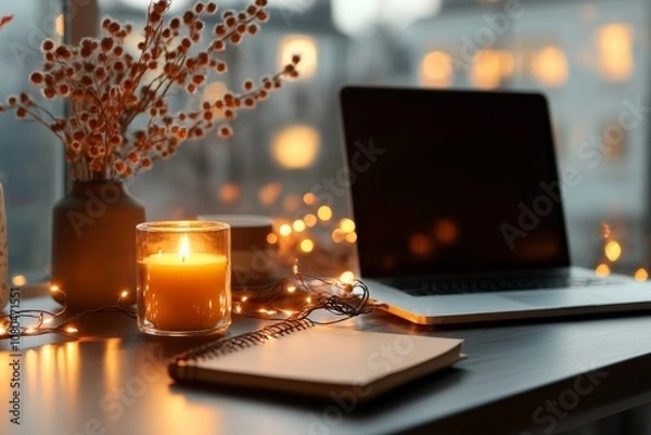 Fototapeta A cozy workspace with a candle and fairy lights illuminating a laptop amid a serene evening atmosphere