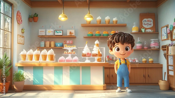 Fototapeta Boy smiling at the ice cream shop, ready to enjoy a sweet treat.