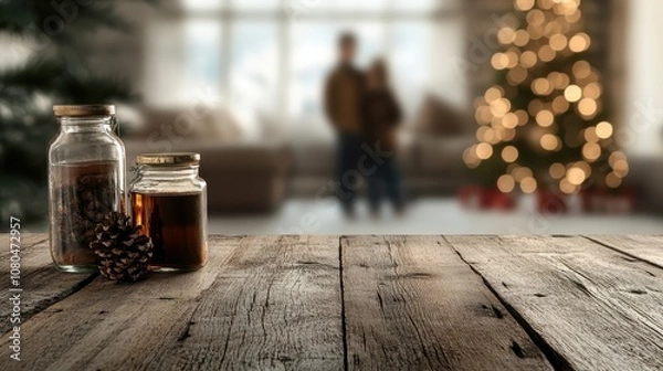 Fototapeta Two rustic jars sit on a wooden table, with a blurred background featuring a Christmas tree and a cozy lit room, evoking warmth and holiday cheer.