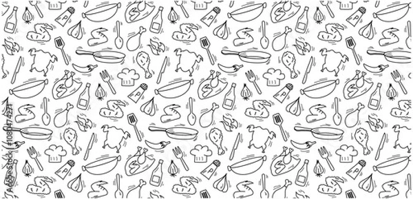 Fototapeta fried chicken doodle seamless pattern background, cooking kitchen utensil icon hand drawing messy sketch