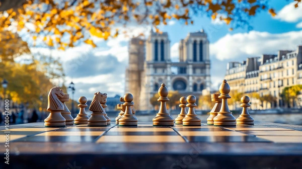 Obraz A chess board with chess pieces on the background of a cityscape, featuring a large building and a blurred blue sky.